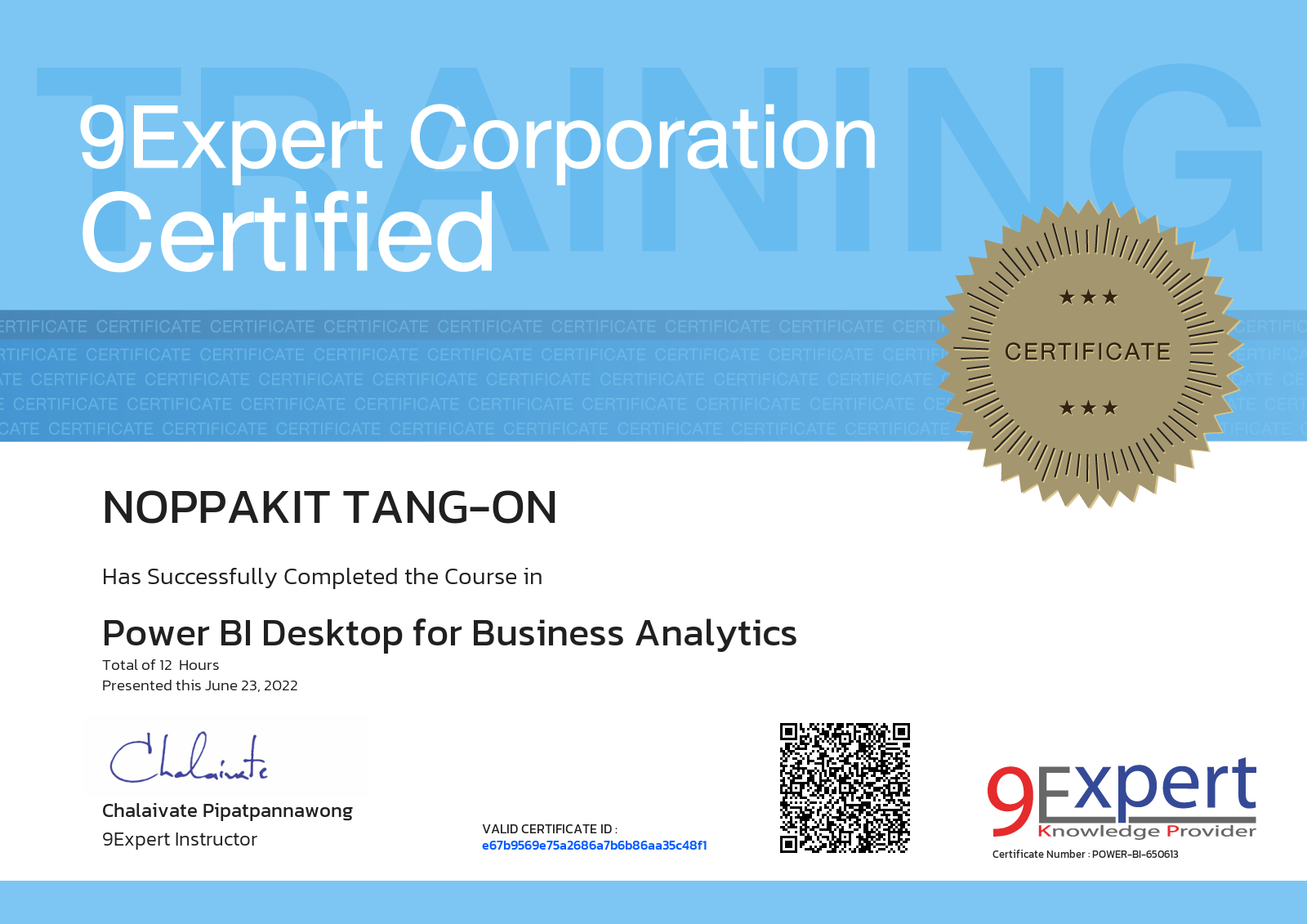 Noppakit Tang-on has successfully completed the course in Power BI Desktop for Business Analytics presented this june 23, 2022