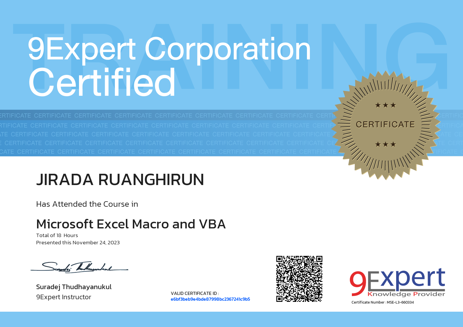 Jirada Ruanghirun has attended the course in Microsoft Excel Macro and VBA presented this november 24, 2023