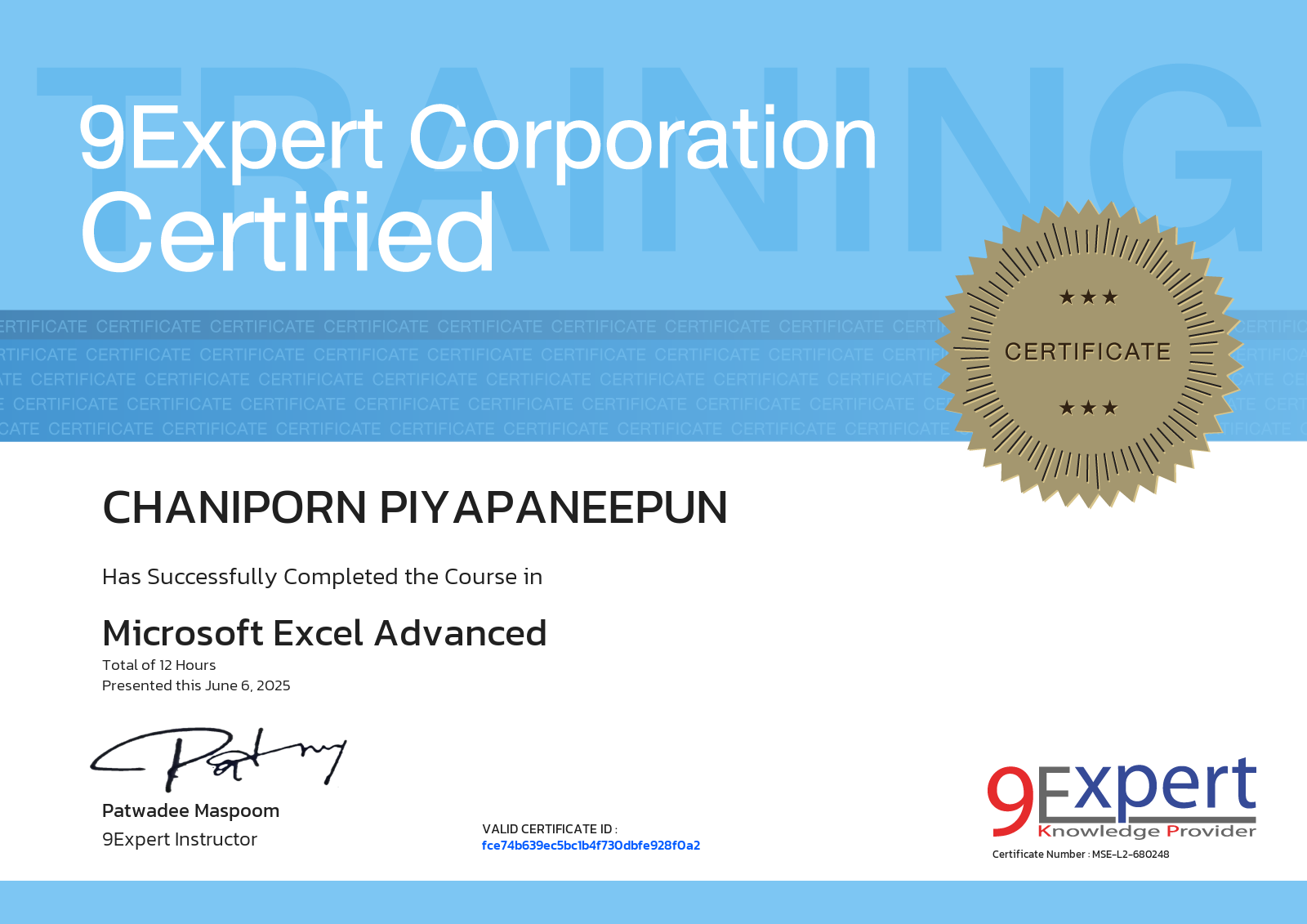 Chaniporn Piyapaneepun has successfully completed the course in Microsoft Excel Advanced presented this june 6, 2025