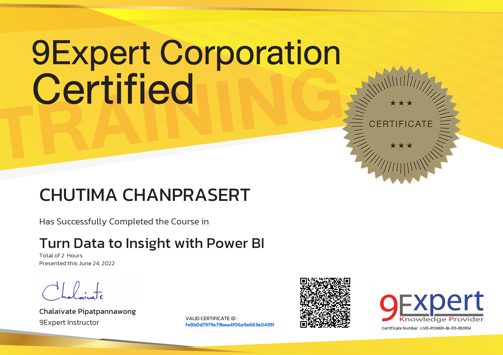 Chutima Chanprasert has successfully completed the course in Turn Data to Insight with Power BI presented this june 24, 2022