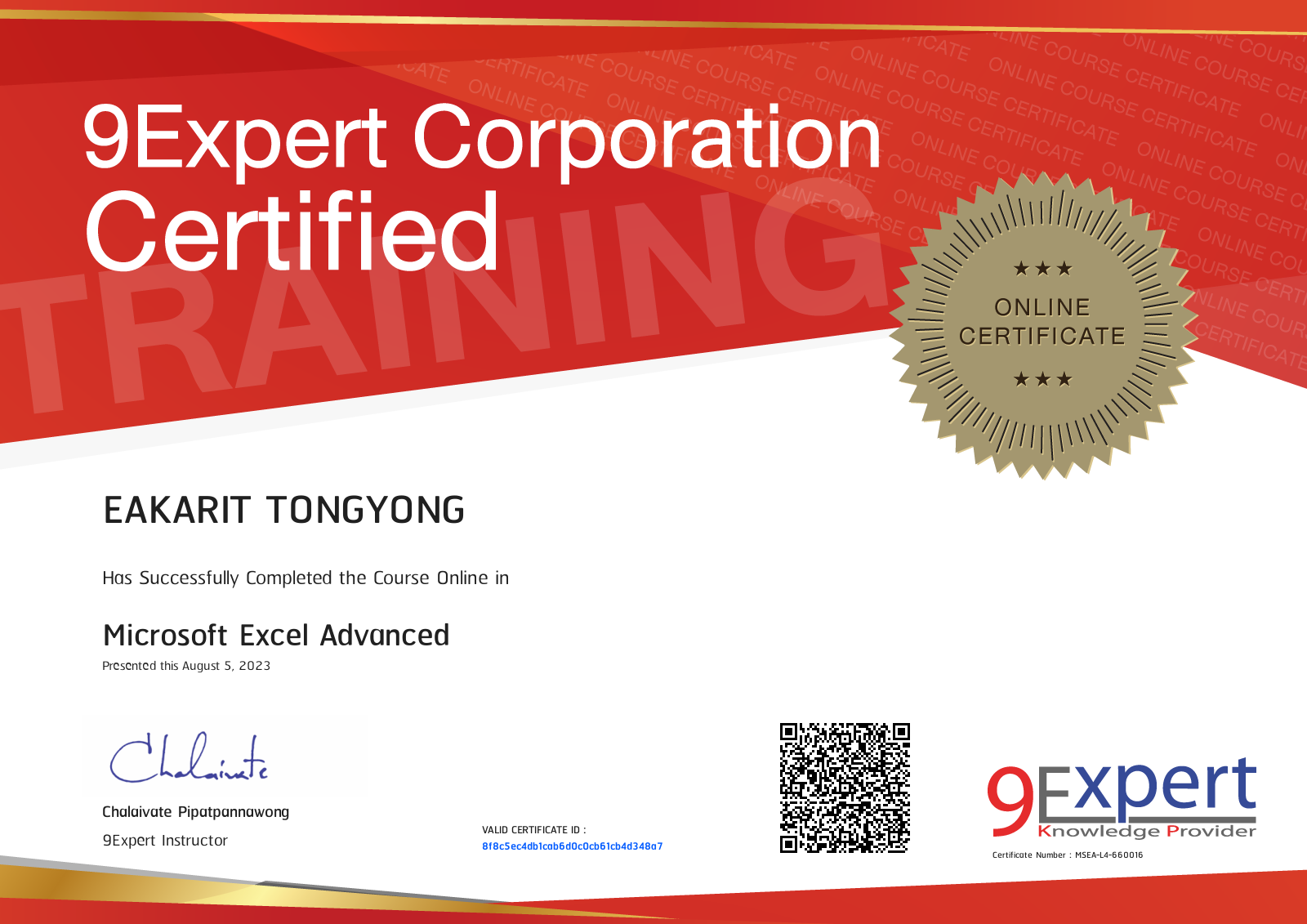 Eakarit Tongyong has successfully completed the course online in Microsoft Excel Advanced presented this april 3, 2025