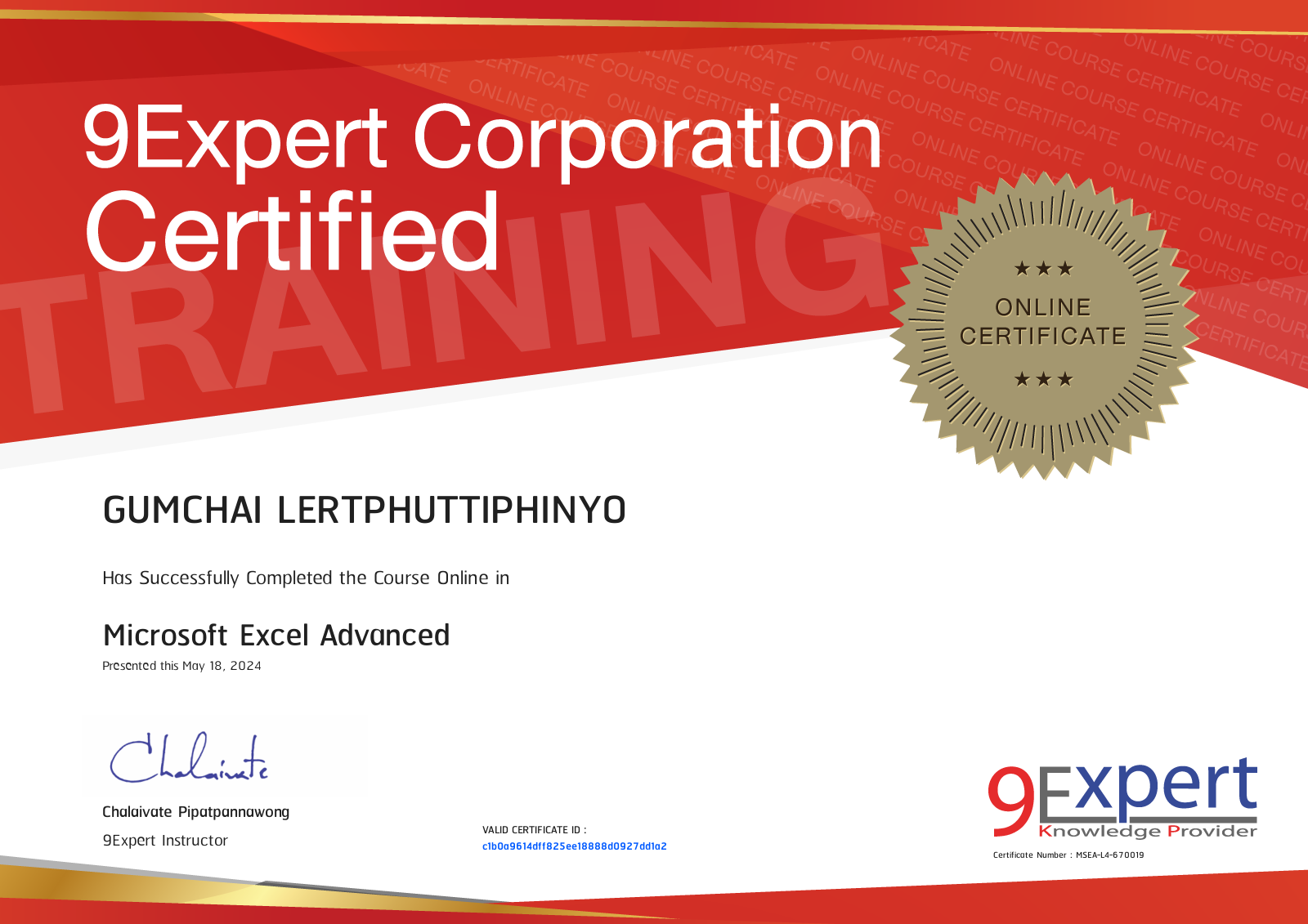 Gumchai Lertphuttiphinyo has successfully completed the course online in Microsoft Excel Advanced presented this may 17, 2025